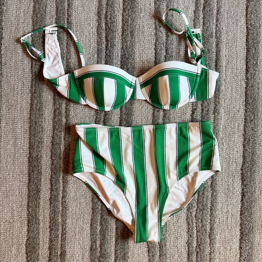 STAUD Green and White Striped Bikini Set S